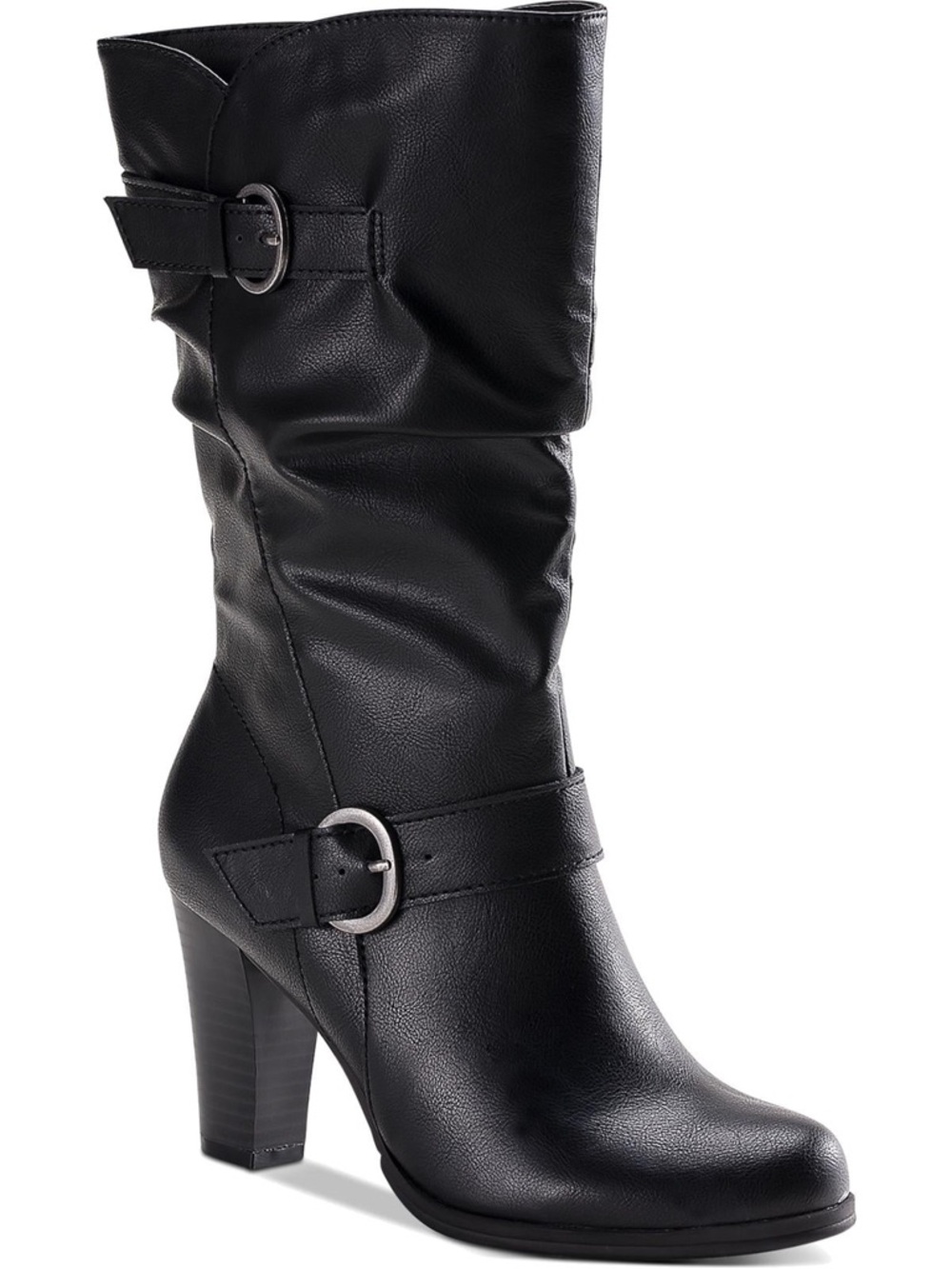 SACHI Black Mid-Calf Buckle Heeled Boots